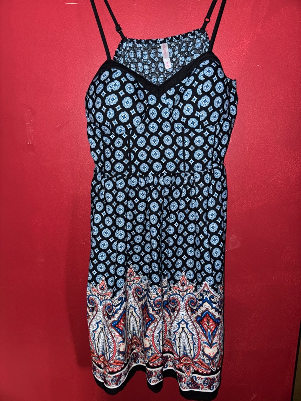 Xhilaration Black & Blue Patterned Mini Dress with Multicolor Paisley Border